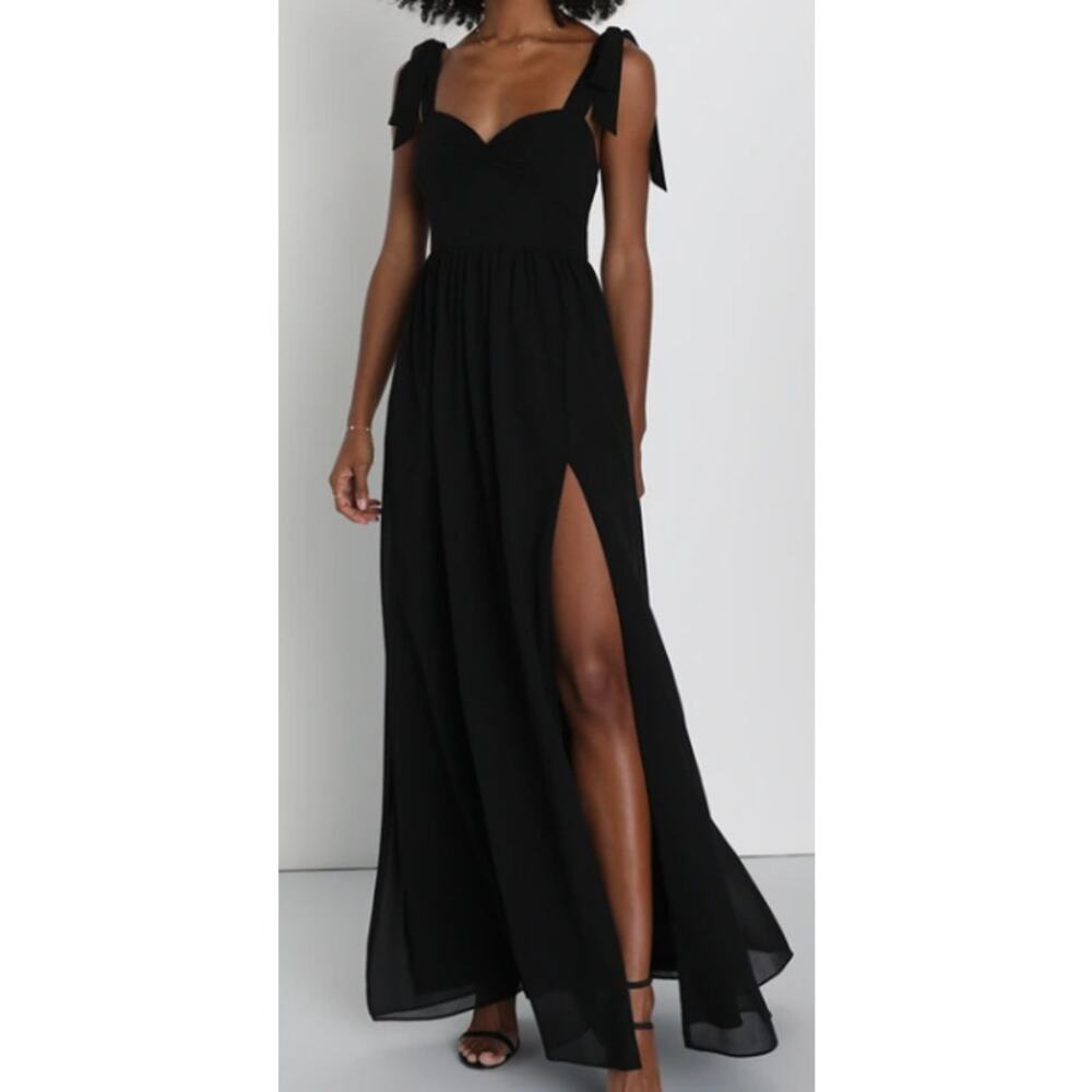 LULU'S SZ L Radiant Charisma Black Chiffon Ruched Tie-Strap Maxi Dress NEW B57